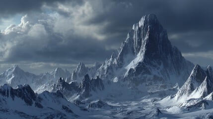 Snow Covered Mountain Range Under Dramatic Cloudy Sky with Soft Lighting and Blue Hues