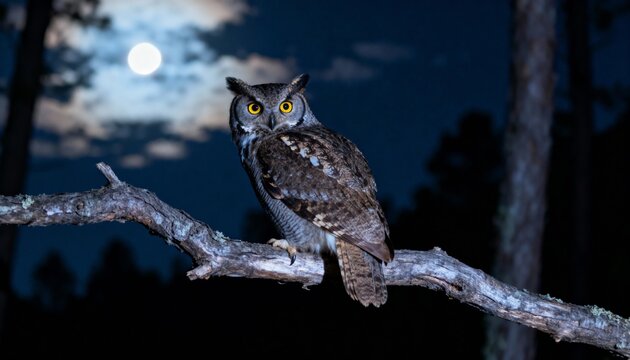 Majestic great horned owl perched on branch under full moon night sky