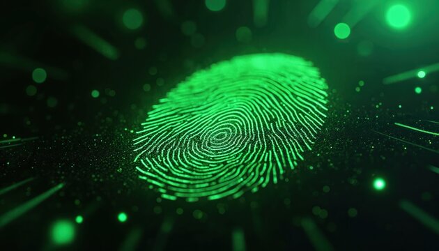 Digital fingerprint on dark background. Glowing green fingerprint graphic in cyber space with bokeh effect. Tech concept of security and identification. Biometric authentication and data protection. - Powered by Adobe