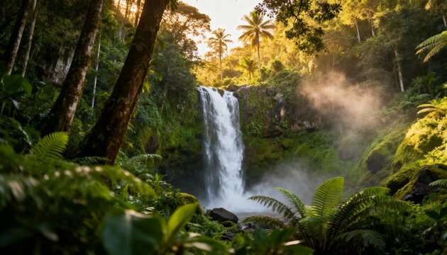 Lush jungle waterfall bathed in golden hour sunlight, mist rising from cascading water, tropical nature scene - Powered by Adobe