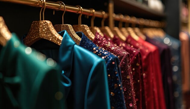 Row of luxury evening dresses hanging on sparkly hangers. Gowns in rich colors like teal blue red and purple shimmer with sequins and satin fabric creating elegant glamorous wardrobe. - Powered by Adobe