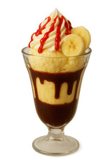 A delicious banana caramel sundae in a tall clear glass, with layers of vanilla ice cream, banana slices, whipped cream, and drizzled caramel and chocolate sauces on a transparent background.
