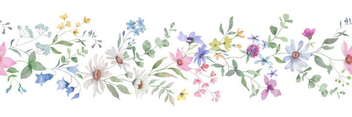 
Delicate watercolor floral seamless border with wildflowers. Hand drawn illustration. Vector EPS.
