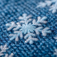 Fototapeta premium Macro close up of frozen snowflake crystal on blue fabric winter background