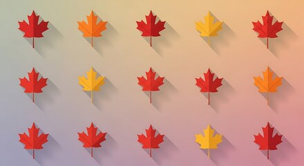 Colorful maple leaves arranged in a grid pattern with shadows.