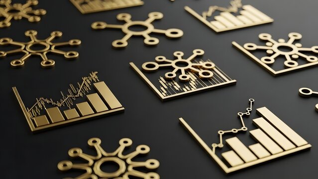 Abstract 3D illustration of golden business intelligence icons, including graphs, charts, and network connections for financial analysis - Powered by Adobe