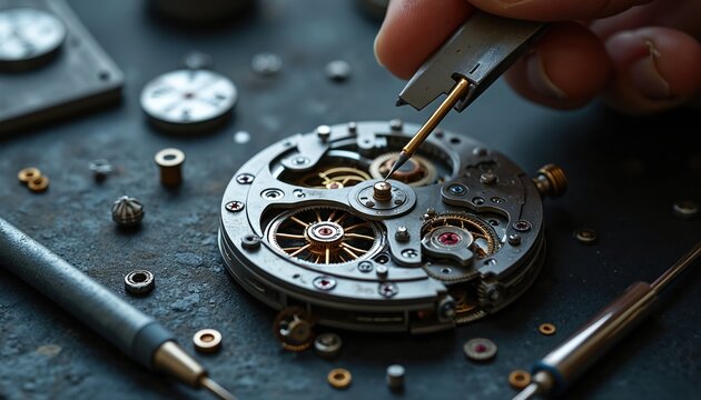 Close photo of mechanical watch movement being repaired. Watchmaker hand uses tool. Watch parts disassembled lie around a watch mechanism. Time device repair concept.