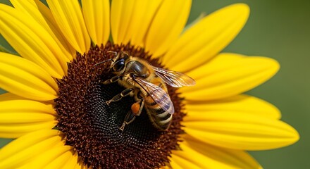 Honeybee gathers nectar from a vibrant yellow sunflower bloom.