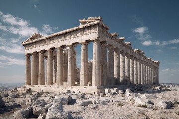 Obraz premium Historic Parthenon Temple standing majestically on the Acropolis in Athens, Greece under a clear blue sky showcasing ancient architectural beauty and rich cultural heritage