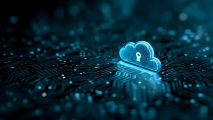 Secure Cloud Computing with Padlock Icon on Futuristic Digital Circuit Board Background