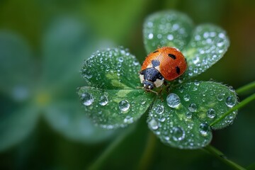 Fototapeta premium Ladybug crawling on a dewy fourleaf clover in lush greenery during a bright morning in nature