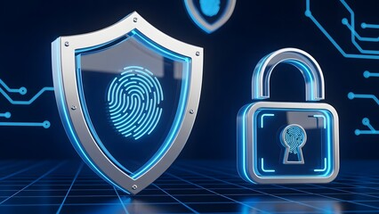 Digital Security Shield and Padlock Representing Biometric Data Protection, Cyber Privacy, and Secure Network Access on a Futuristic Circuit Background