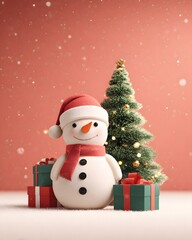 Fototapeta premium Cute snowman beside sparkling Christmas tree and floating gift boxes 3D illustration minimal festive background with generous blank area for message