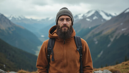 Bearded man wearing beanie and brown sweater with backpack stands on mountain peak. He looks forward. Snowy mountains and green valley behind him. Outdoor adventure exploration.