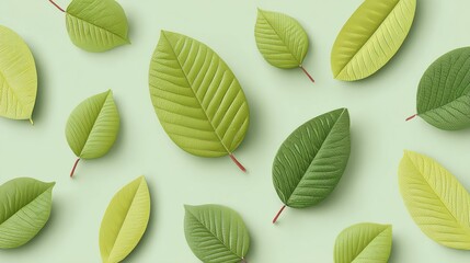 Pixelated Green Leaves Scattered on a Soft Green Background Digital Art Illustration