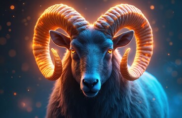 Fantasy style illustration of Aries zodiac sign. Animal ram with glowing horns in cosmic style. Zodiacal symbol in astrology with fantasy intergalactic neon style colors. Futuristic digital artwork