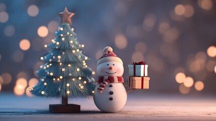 Obraz premium Glossy 3D Christmas tree with tiny lights next to cheerful snowman holding small gift boxes modern studio style wide negative space