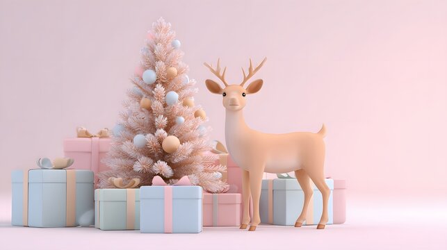 Elegant 3D reindeer standing near decorative Christmas tree surrounded by pastel gift boxes smooth soft shadows blank space for headline