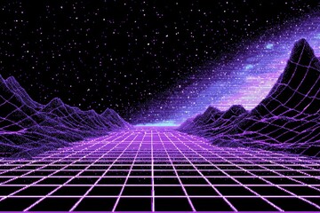 Pixelated Landscape with Grid Lines and Mountain Range in a Purple and Black Color Palette