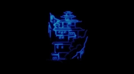 Blue Neon Outline of an Asian Pagoda Building on Black Background temple architecture