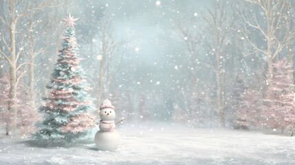 Subtle 3D winter scene with pastel Christmas tree snowman arms raised snow falling softly empty central area