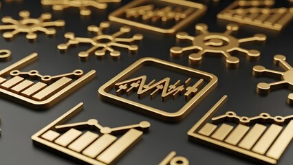 Golden Financial Symbols and Icons on a Dark Background Economic and Business Concepts