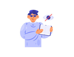 Illustration of a blind man holding a Braille book. A special book for the visually impaired. World Braille Day. Flat style character design. White background.