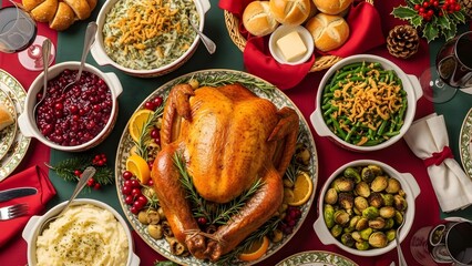 thanksgiving turkey dinner, roast turkey with potatoes and vegetables, food on wooden table, thanksgiving dinner feast on table, roasted turkey holiday meal, festive christmas dinner spread