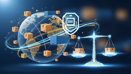 Secure global supply chain management concept balancing international trade laws and digital package tracking technology