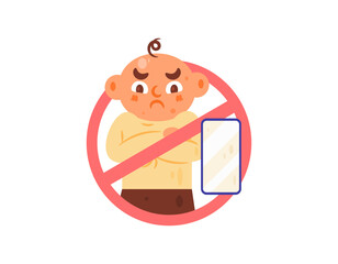 Illustration of an angry little boy with a prohibition sign and a cell phone. The concept of prohibiting children from playing with smartphones. Flat style character design. White background.