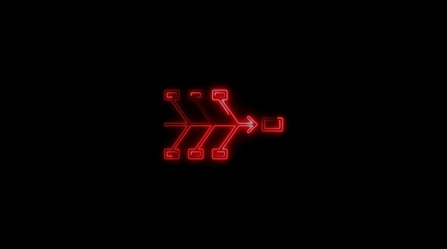 Red Neon Fishbone Diagram with Arrow on Black Background cause and effect Ishikawa diagram