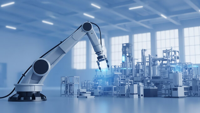 Robotic arm in a modern industrial factory setting with advanced technology