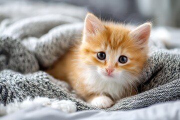 Cute little orange kitten snuggled in cozy blanket on bed, enjoying comfort and warmth during a peaceful afternoon