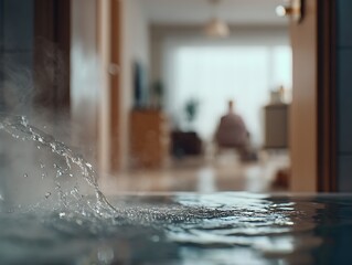 Running bath water with steam in focus and an elderly figure distant in the background, highlighting dementia-related safety risks and disorientation in the home