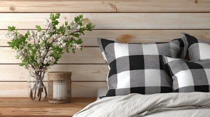Rustic bedroom scene with black and white checkered pillows