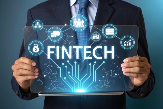 Man presenting fintech technology with digital icons on a transparent tablet - Powered by Adobe