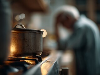 Cooking pot on a lit stove with an elderly figure holding their head in the background, symbolizing dementia-related stress, overwhelm, and kitchen safety risks