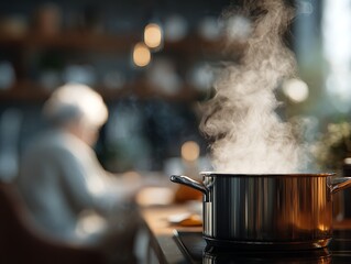 Steam rising from a covered pot on the stove with an elderly figure blurred in the background, symbolizing memory lapses and domestic safety risks in dementia
