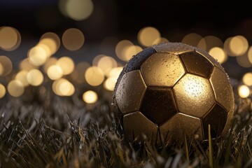 Golden soccer ball resting on illuminated grass beneath sparkling lights at a night event