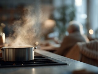 Steaming pot on the stove with an elderly person sitting blurred behind it, symbolizing cognitive decline and the dangers of unattended cooking