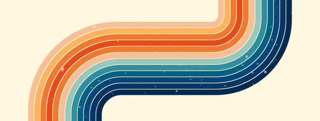 Retro groovy background with a linear rainbow, painted in warm and cool colors.