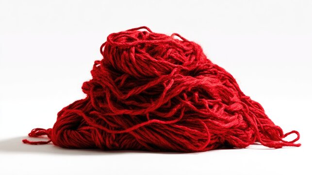Close-up of a tangled pile of vibrant red yarn on a white background