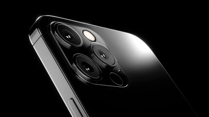 Close-up of a sleek, black smartphone with a triple-lens camera system and flash unit, on a dark background