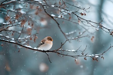 Small bird sitting on a snowy branch during a cold winter snowfall