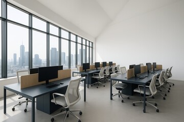 Modern open space office interior with minimalist desing and panoramic city view through large windows, showcasing collaborative workspace concept. Ai generative