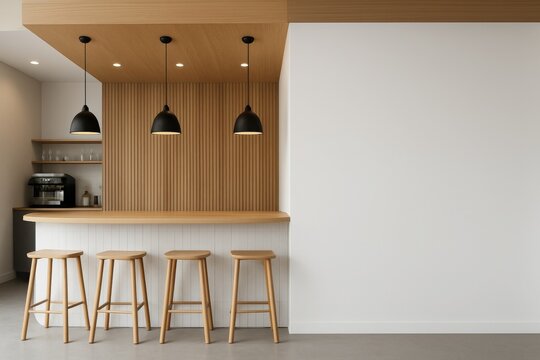 Modern minimalist kitchen interior with wooden bar counter, stools, and black pendant lights in cozy natural design concept with white wall background. Ai generative