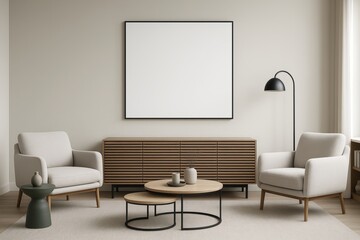 Fototapeta premium Modern minimalist living room interior with neutral furniture, wooden cabinet, round tables, and blank frame on beige wall in stylish design concept. Ai generative