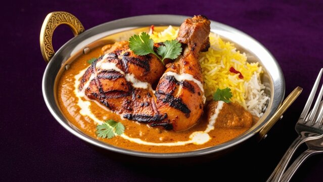 Grilled Chicken in Rich Curry Sauce with Saffron Rice and Cilant