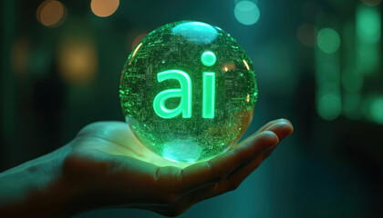 Human hand holds glowing neon sphere displaying AI lettering. Holographic globe represents future technology, digital innovation. Artificial intelligence connectivity, advanced computation.