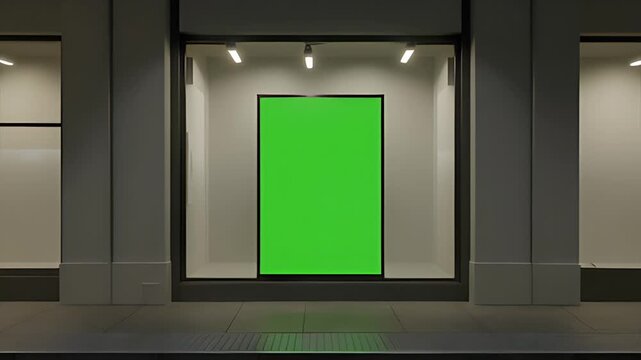 A storefront window LED frame with a single green screen display at night. Perfect for mockups, digital signage, or advertisement keying.